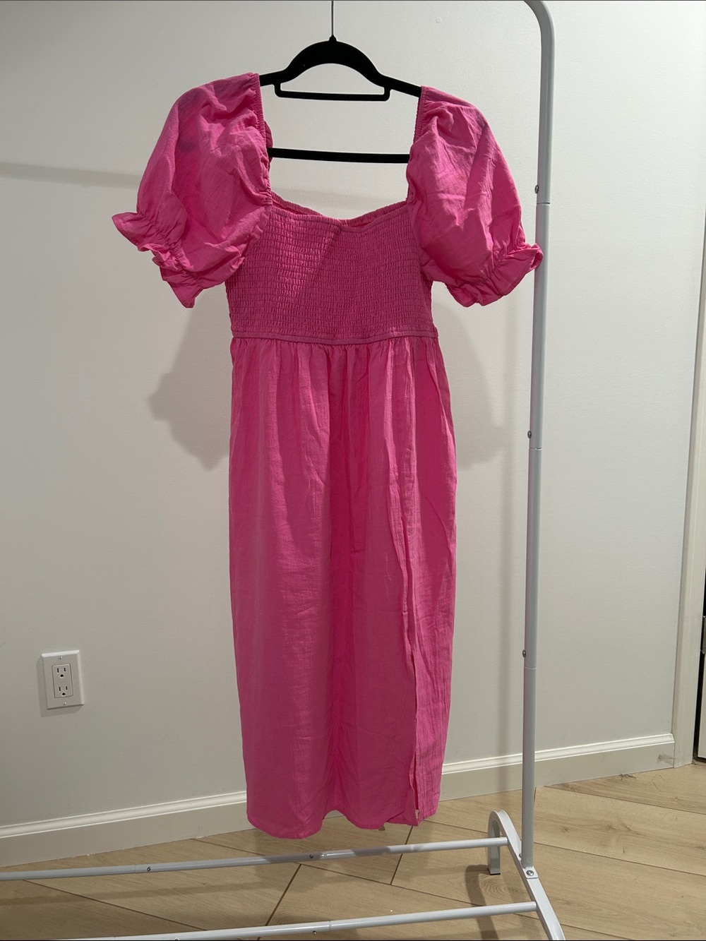 Puff-Sleeve Smocked Midi Dress in Hot Pink